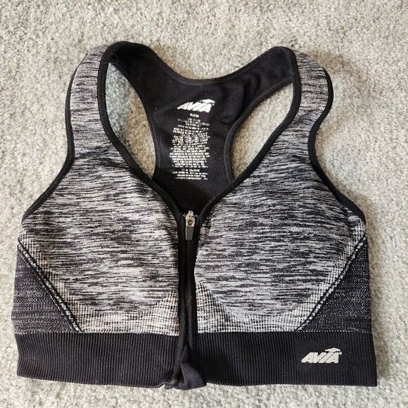 Avia Front Zip Sports Bra Small Padded Black White Racerback - Picture 1 of 3